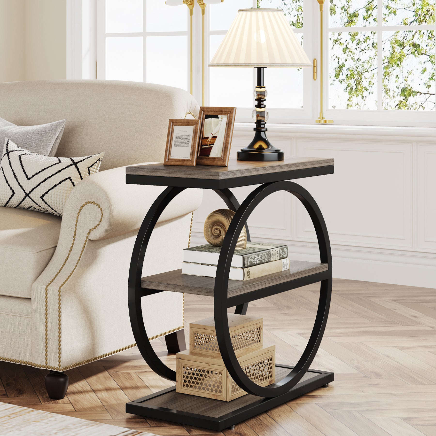 3-Tier End Table with Round Metal Frame